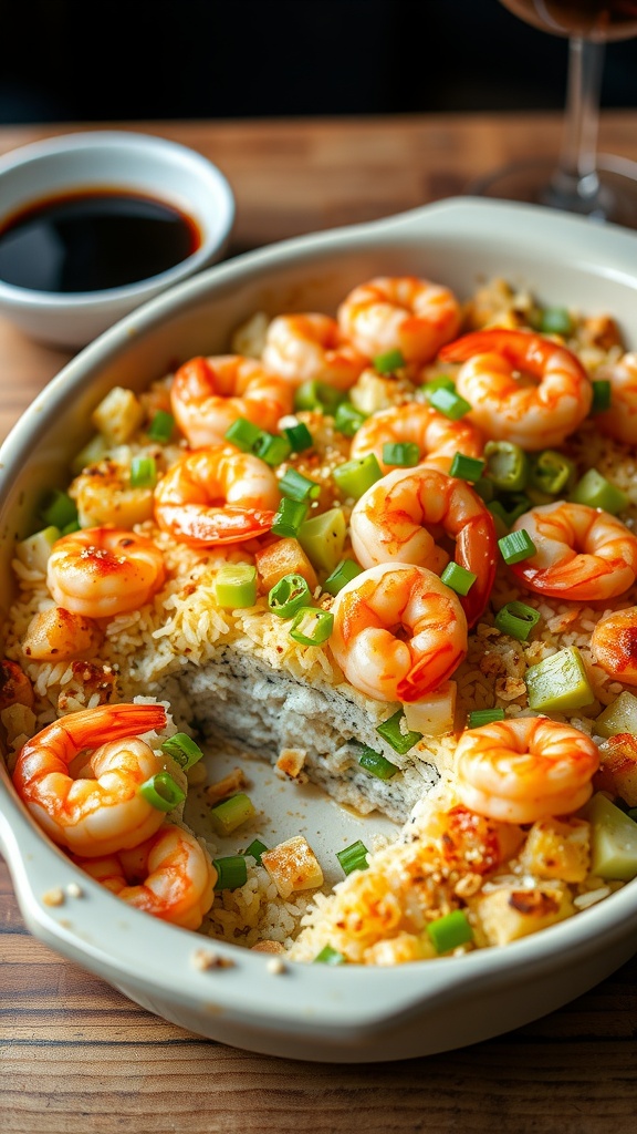Savory sushi casserole with rice, vegetables, and shrimp, garnished with sesame seeds, on a wooden table with soy sauce.
